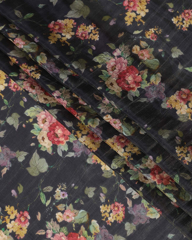 Navy blue viscose fabric with multicolor print having metallic finish in floral design-D16266 Regal Fabrics