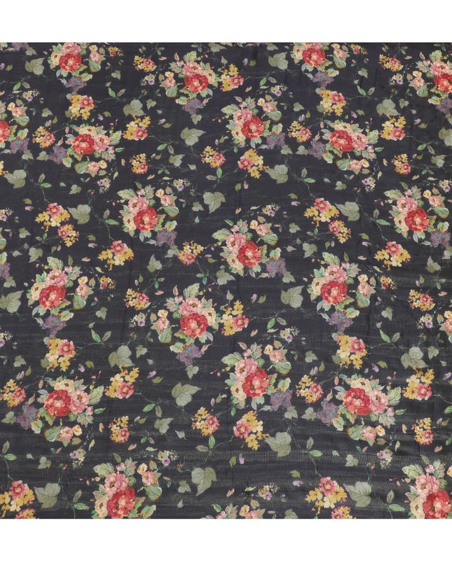 Navy blue viscose fabric with multicolor print having metallic finish in floral design-D16266 Regal Fabrics
