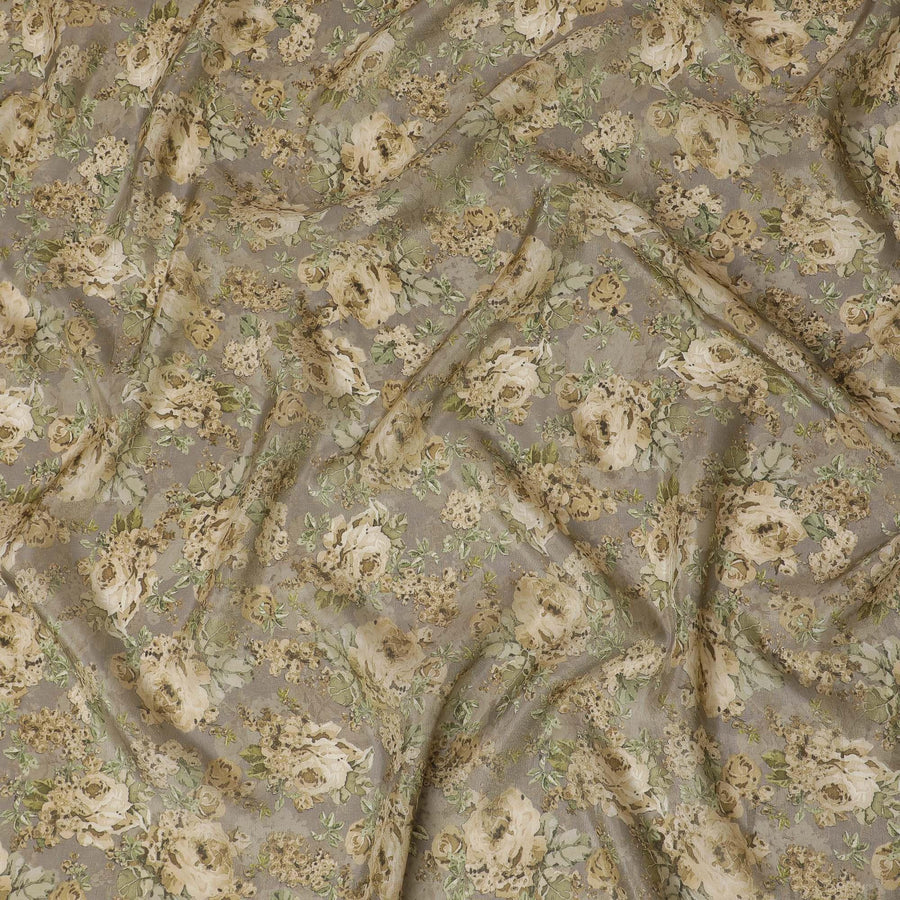 قماش فيسكوز رمادي مع طباعة متعددة الألوان ذات تشطيب معدني بتصميم الأزهار-D16268