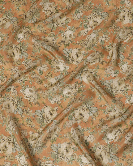 Salmon peach viscose fabric with multicolor print having metallic finish in floral design-D16269 Regal Fabrics