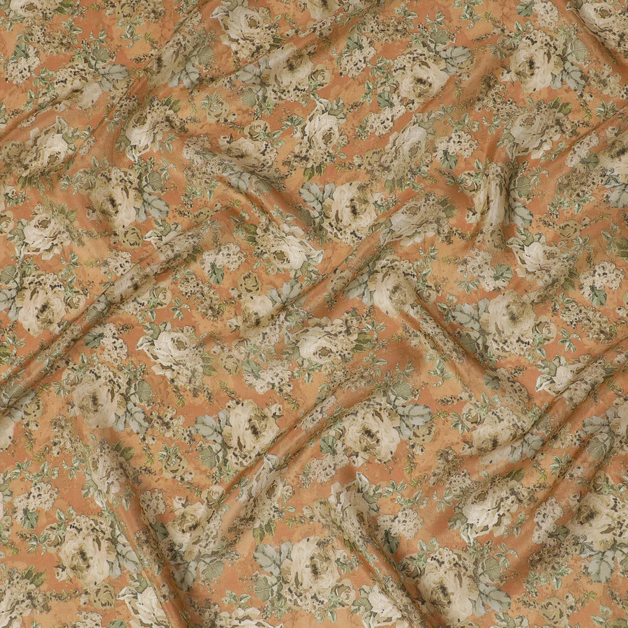 Salmon peach viscose fabric with multicolor print having metallic finish in floral design-D16269 Regal Fabrics
