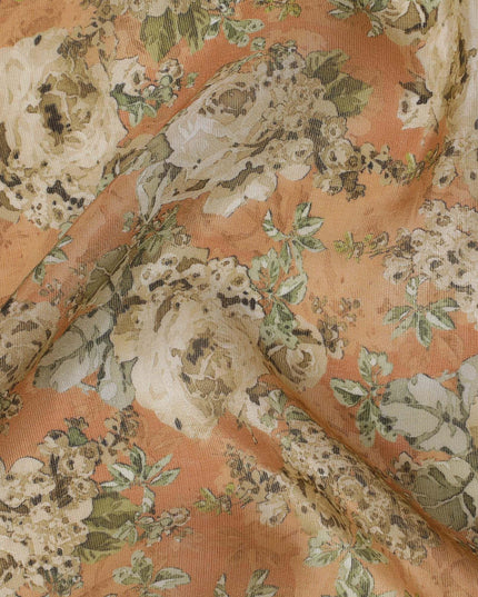 Salmon peach viscose fabric with multicolor print having metallic finish in floral design-D16269 Regal Fabrics