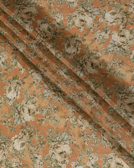 Salmon peach viscose fabric with multicolor print having metallic finish in floral design-D16269 Regal Fabrics