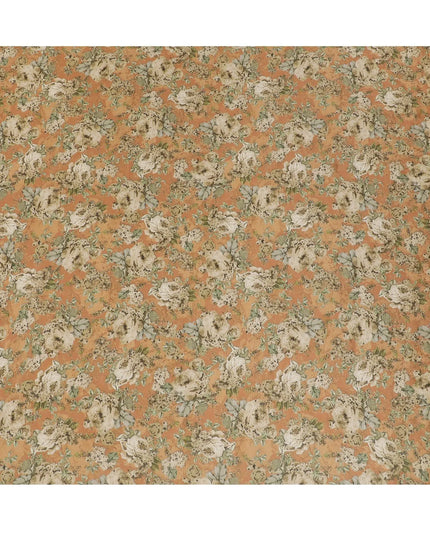 Salmon peach viscose fabric with multicolor print having metallic finish in floral design-D16269 Regal Fabrics