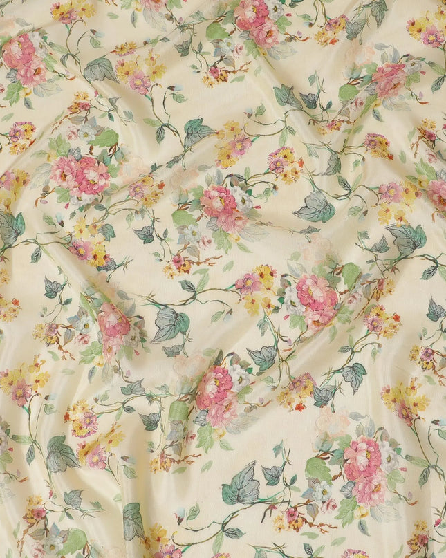 Cream viscose fabric with multicolor print having metallic finish in floral design-D16270 Regal Fabrics