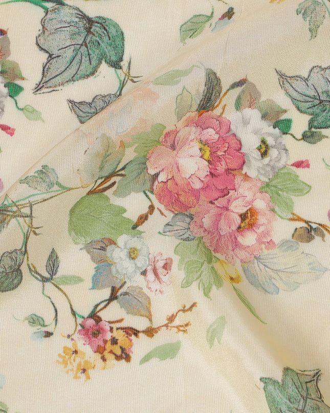 Cream viscose fabric with multicolor print having metallic finish in floral design-D16270 Regal Fabrics