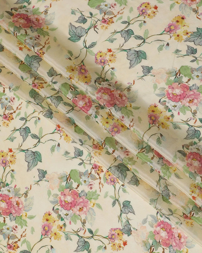 Cream viscose fabric with multicolor print having metallic finish in floral design-D16270 Regal Fabrics