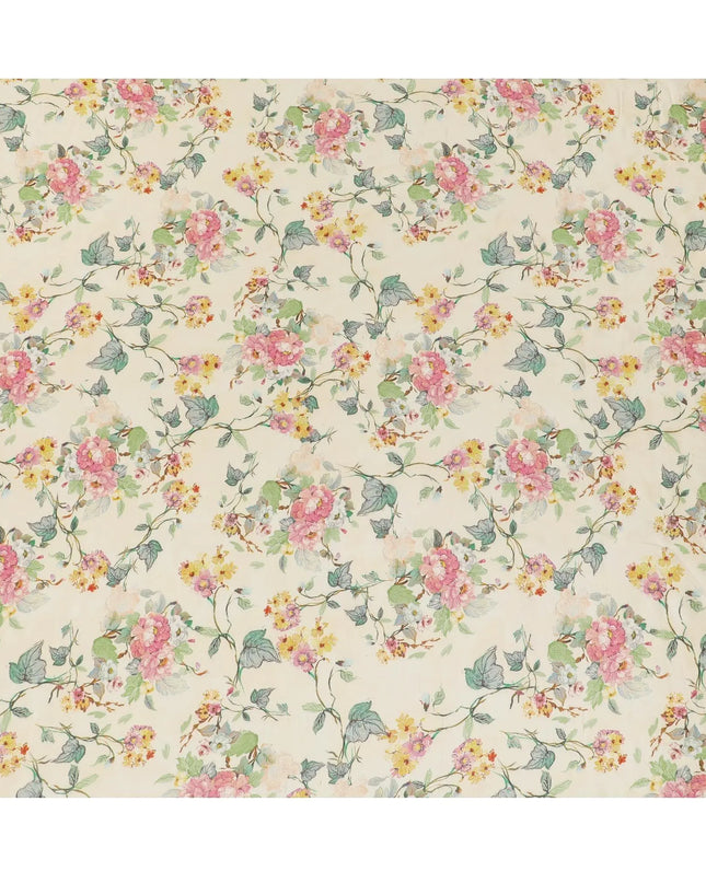 Cream viscose fabric with multicolor print having metallic finish in floral design-D16270 Regal Fabrics