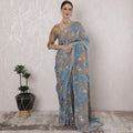 Light plum Premium pure French chiffon saree with turquoise blue, gold viscose having gold metallic lurex in floral design-D16300