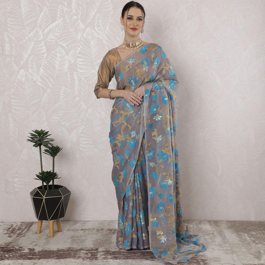 Light plum Premium pure French chiffon saree with turquoise blue, gold viscose having gold metallic lurex in floral design-D16300