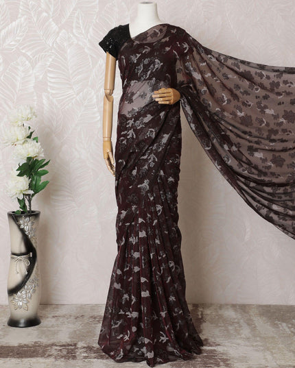 Maroon Premium pure French chiffon saree with grey viscose and black metallic lurex in floral design-D16301