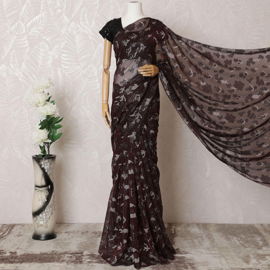 ساري شيفون فرنسي نقي فاخر من المارون مع الفيسكوز الرمادي والوركس المعدني الأسود بتصميم الأزهار-D16301