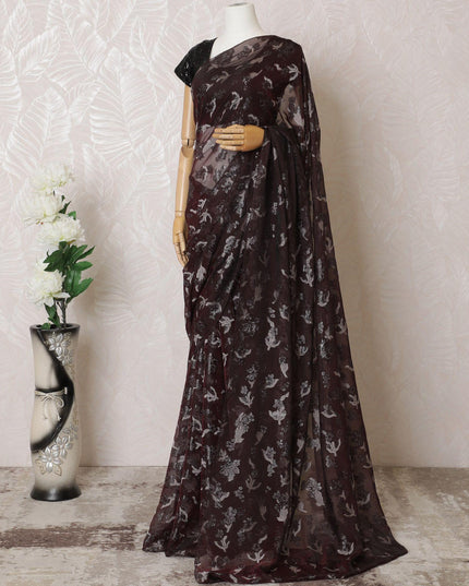 Maroon Premium pure French chiffon saree with grey viscose and black metallic lurex in floral design-D16301