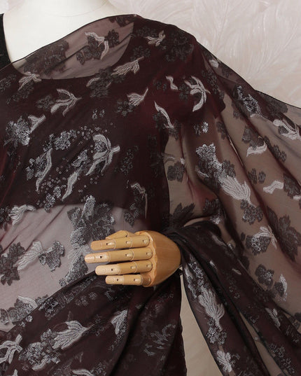 Maroon Premium pure French chiffon saree with grey viscose and black metallic lurex in floral design-D16301