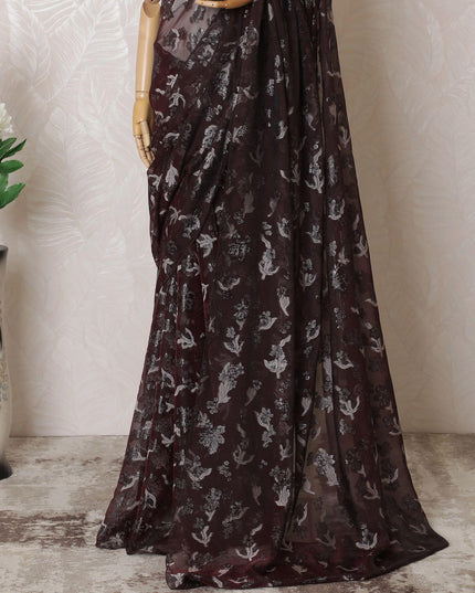 Maroon Premium pure French chiffon saree with grey viscose and black metallic lurex in floral design-D16301