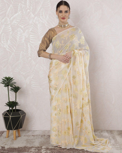 Cream Premium pure French chiffon saree with light mustard, gold viscose having gold metallic lurex in floral design-D16302