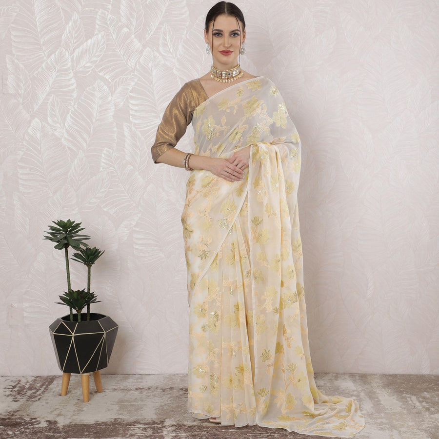 ساري شيفون فرنسي نقي فاخر مع خردل خفيف، فيسكوز ذهبي مع لوريكس معدني ذهبي بتصميم زهور-D16302