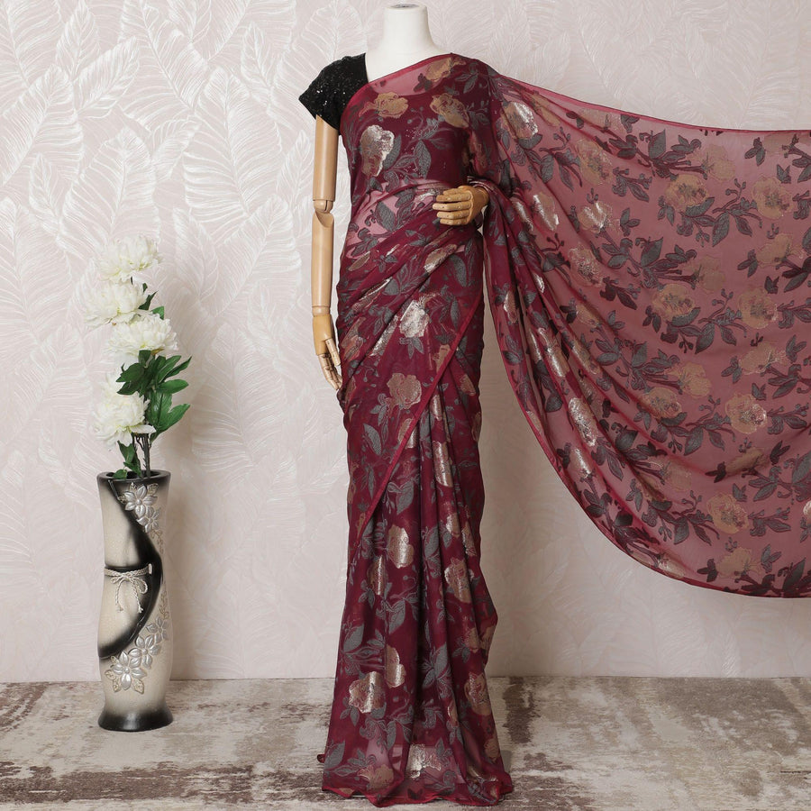 ساري شيفون فرنسي نقي فاخر وردي داكن مع فيسكوز رمادي ولوريكس معدني ذهبي بتصميم زهور-D16303