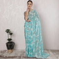Turquoise blue Premium pure French chiffon saree having powder blue viscose and gold metallic lurex in floral design-D16305