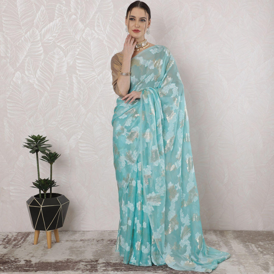 Turquoise blue Premium pure French chiffon saree having powder blue viscose and gold metallic lurex in floral design-D16305