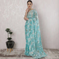 Turquoise blue Premium pure French chiffon saree having powder blue viscose and gold metallic lurex in floral design-D16305