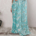 Turquoise blue Premium pure French chiffon saree having powder blue viscose and gold metallic lurex in floral design-D16305