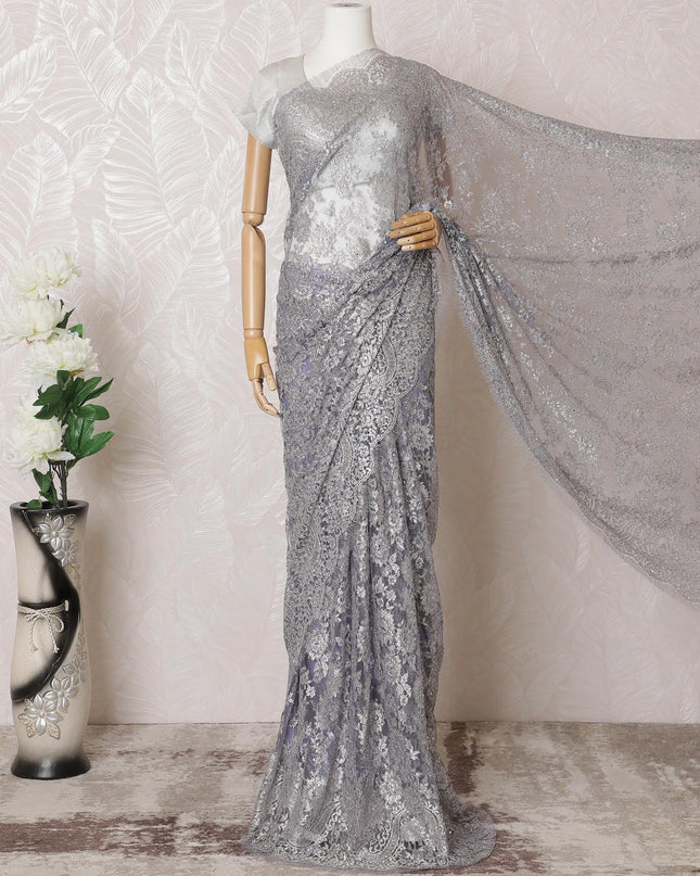 Light lavender, silver, gold Premium pure French metallic chantilly lace saree having stone work in floral design-D16313