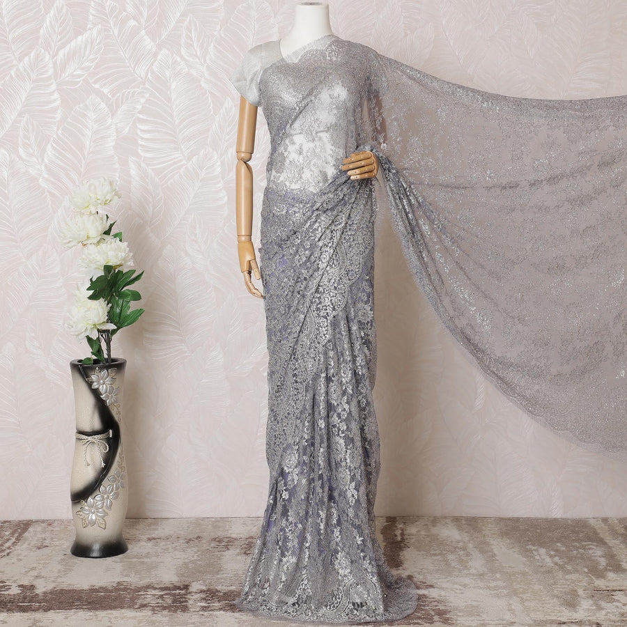 Light lavender, silver, gold Premium pure French metallic chantilly lace saree having stone work in floral design-D16313