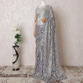 Light lavender, silver, gold Premium pure French metallic chantilly lace saree having stone work in floral design-D16313