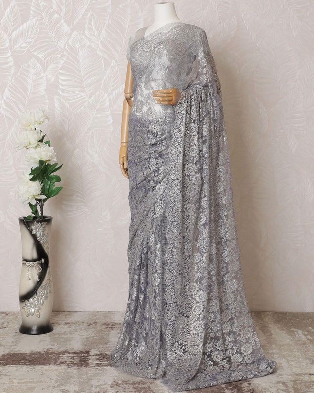 Light lavender, silver, gold Premium pure French metallic chantilly lace saree having stone work in floral design-D16313