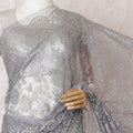 Light lavender, silver, gold Premium pure French metallic chantilly lace saree having stone work in floral design-D16313