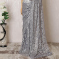Light lavender, silver, gold Premium pure French metallic chantilly lace saree having stone work in floral design-D16313
