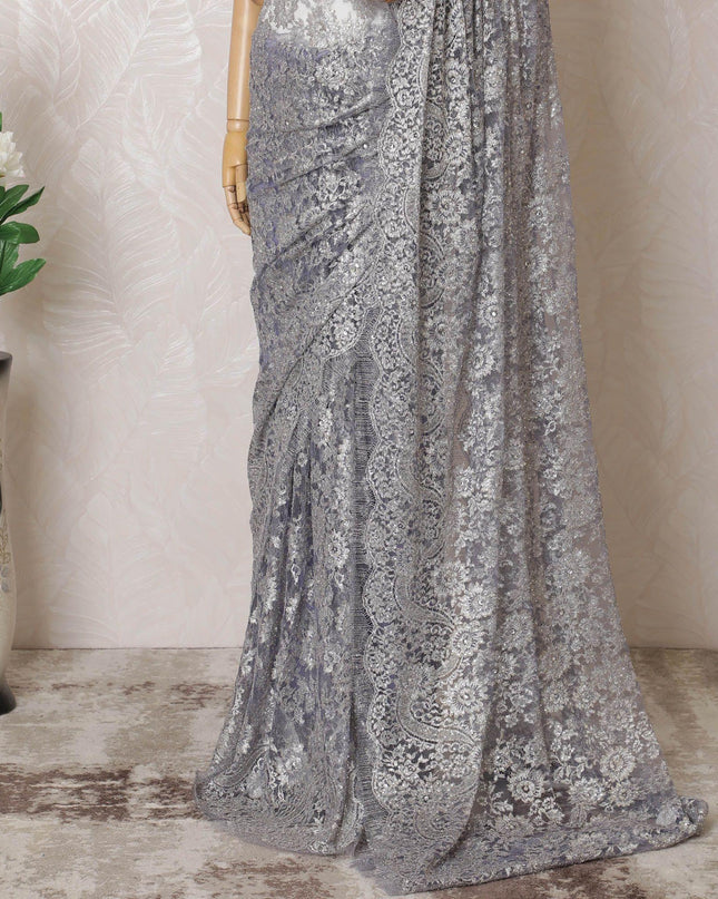 Light lavender, silver, gold Premium pure French metallic chantilly lace saree having stone work in floral design-D16313