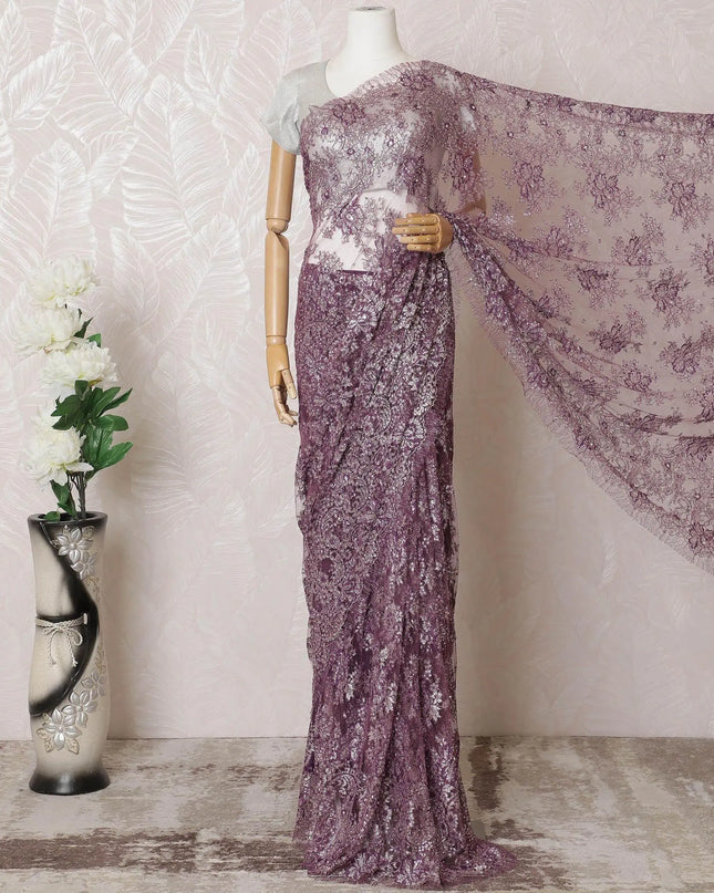 Dark purple, silver Premium pure French mteallic chantilly lace saree having stone work in floral design-D16314 Regal Fabrics