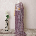 Dark purple, silver Premium pure French mteallic chantilly lace saree having stone work in floral design-D16314