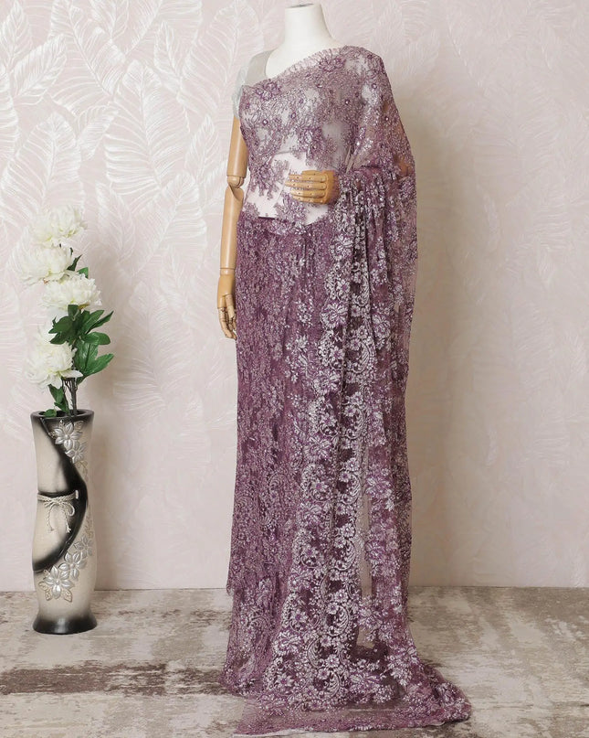 Dark purple, silver Premium pure French mteallic chantilly lace saree having stone work in floral design-D16314 Regal Fabrics