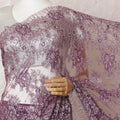 Dark purple, silver Premium pure French mteallic chantilly lace saree having stone work in floral design-D16314