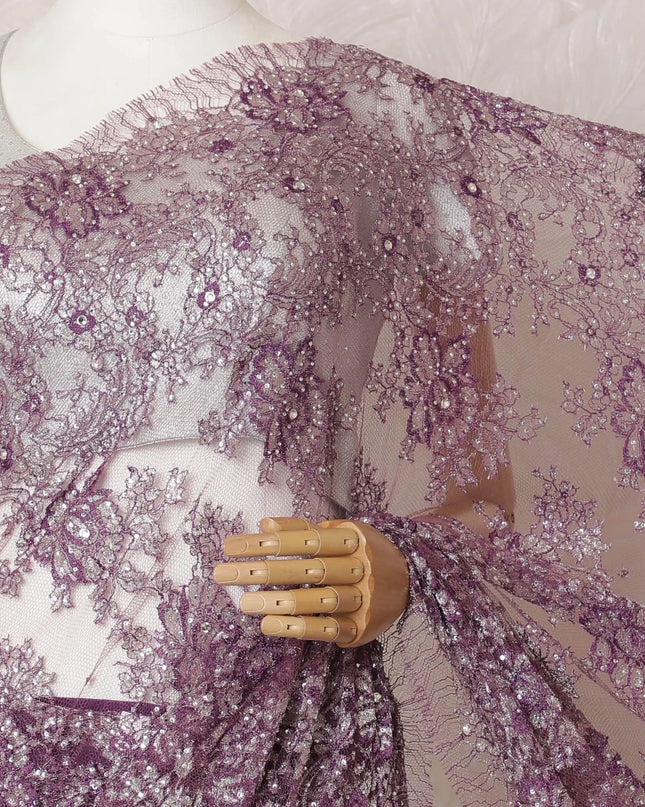 Dark purple, silver Premium pure French mteallic chantilly lace saree having stone work in floral design-D16314 Regal Fabrics