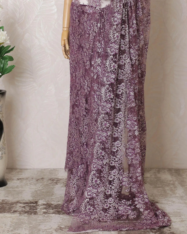 Dark purple, silver Premium pure French mteallic chantilly lace saree having stone work in floral design-D16314 Regal Fabrics