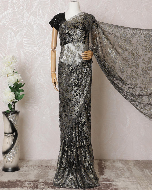 Black, gold, silver Premium pure French metallic chantilly lace saree in floral design-D16320