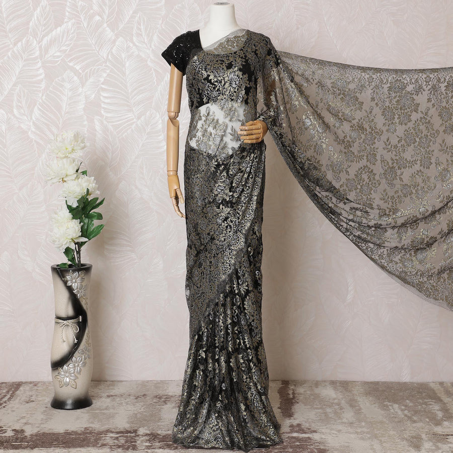 ساري دانتيل شانتيلي معدني فرنسي فاخر باللون الأسود والذهبي والفضي بتصميم الأزهار-D16320