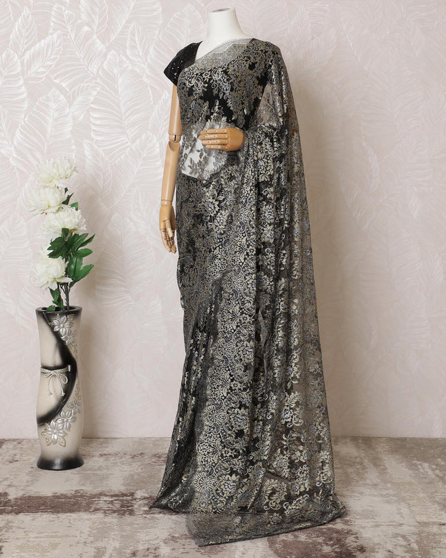 Black, gold, silver Premium pure French metallic chantilly lace saree in floral design-D16320