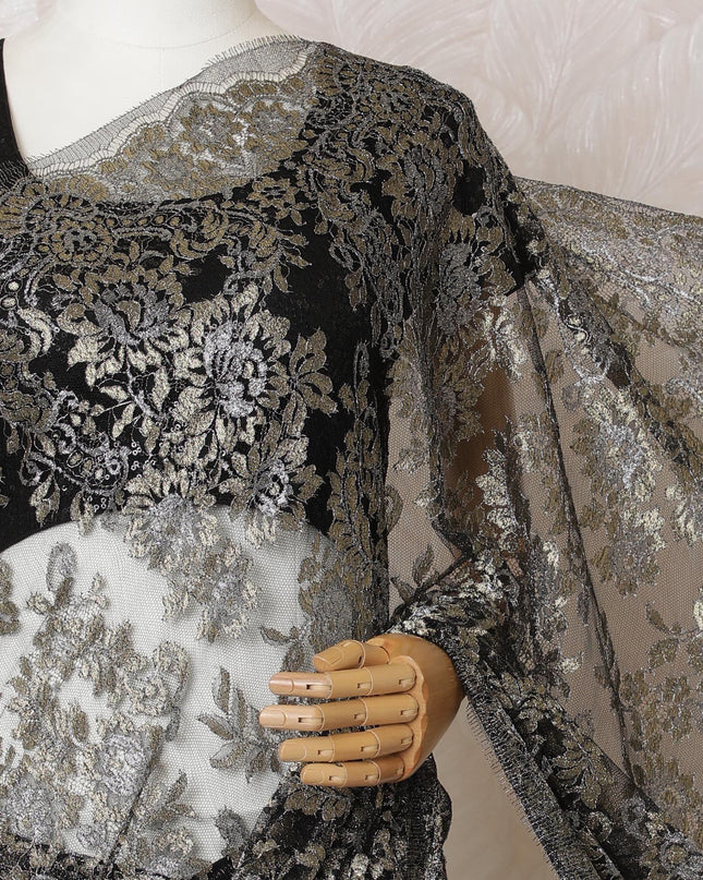 Black, gold, silver Premium pure French metallic chantilly lace saree in floral design-D16320