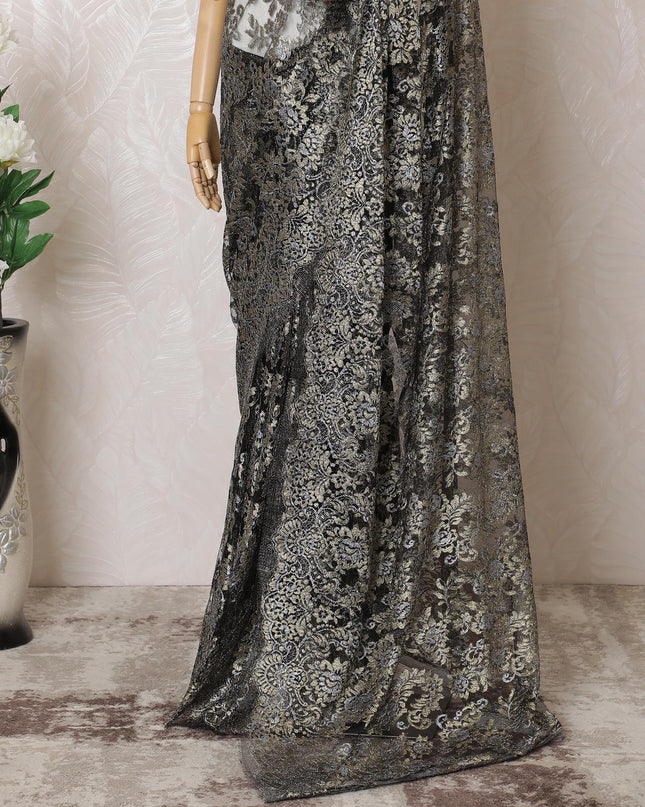 Black, gold, silver Premium pure French metallic chantilly lace saree in floral design-D16320