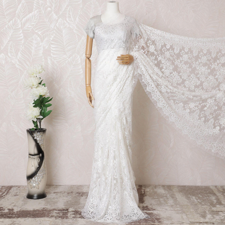 White Premium pure French metallic chantilly lace saree in floral design-D16324
