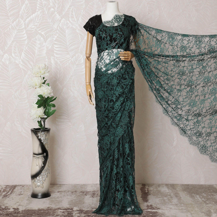 ساري من الدانتيل الفرنسي شانتيلي بدرجتين من اللون الأخضر والأسود الفاخر بتصميم زهور -D16325