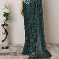 ساري من الدانتيل الفرنسي شانتيلي بدرجتين من اللون الأخضر والأسود الفاخر بتصميم زهور -D16325