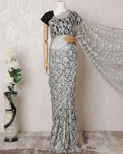 Beige, Black Premium pure two tone French chantilly lace saree in floral design-D16326