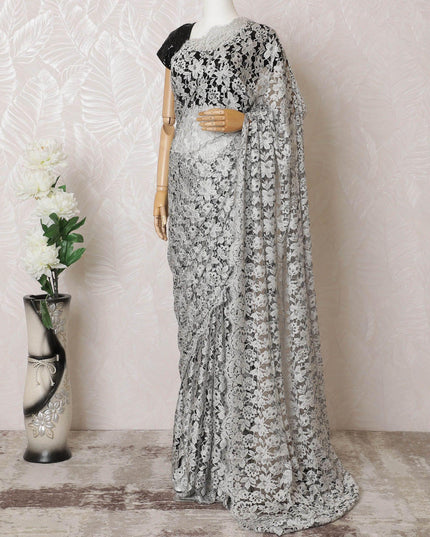 Beige, Black Premium pure two tone French chantilly lace saree in floral design-D16326