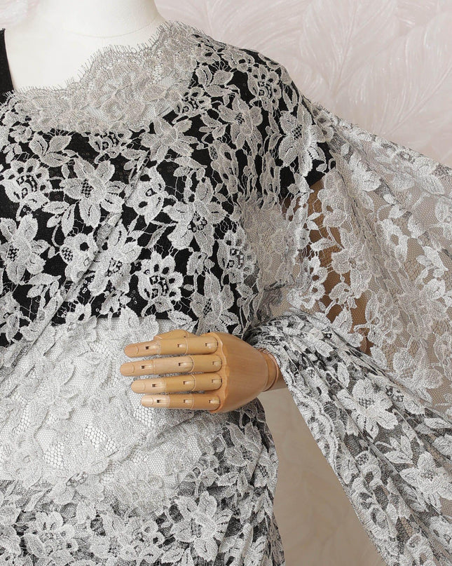 Beige, Black Premium pure two tone French chantilly lace saree in floral design-D16326